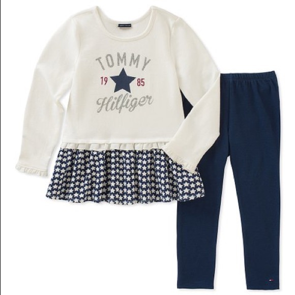 Tommy Hilfiger White Navy Ruffle Tunic & Leggings